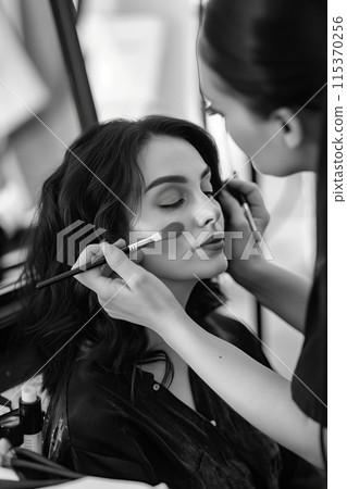 Makeup artist applying makeup to a beautiful woman's face Makeup artist applying makeup to a beautiful woman's face 115370256