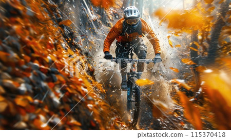 man riding a bike through a dense forest filled with fallen leaves. 115370418