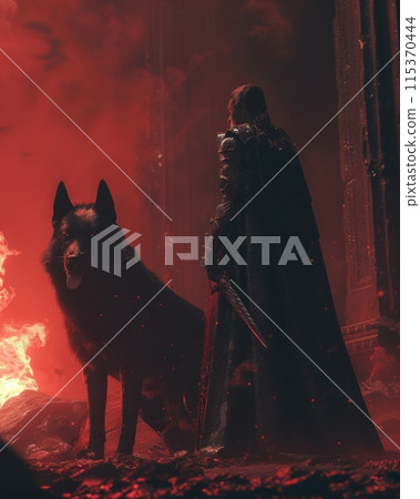 man and his loyal dog stand next to a roaring fire in the great outdoors. 115370444