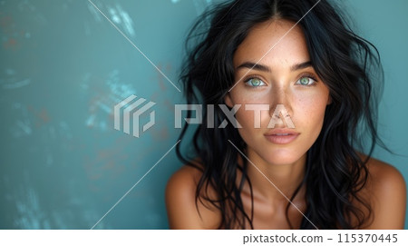 detailed view of a woman with long hair, highlighting her facial features. 115370445