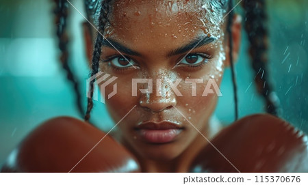 up-close and detailed view of a stylish African American woman showcasing her beautifully braided hair. 115370676