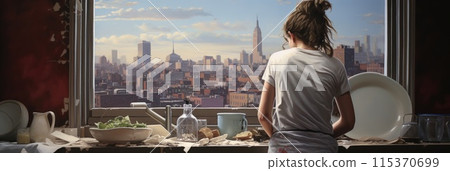 woman peacefully stands in front of a window, staring at the bustling city that sprawls before her. 115370699