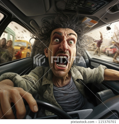 man with an angry expression on his face is driving a car. 115370701