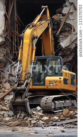 yellow bulldozer forcefully excavates through the debris of a building, part of a house demolition project. 115370703