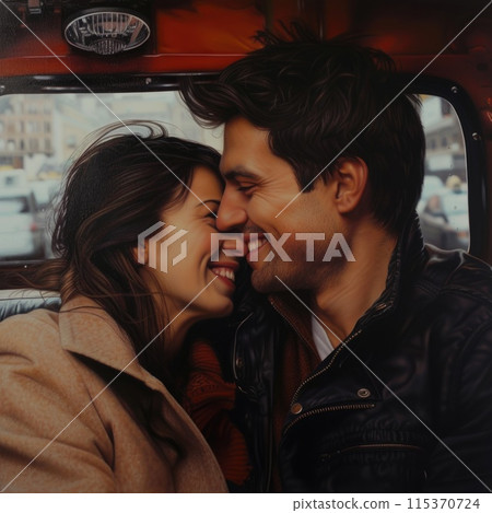 man and a woman are captured sitting together in a taxi. 115370724