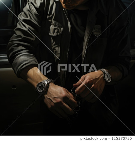 man dressed in a black jacket is seen holding a watch, possibly in a police or detainee context. man dressed in a black jacket is seen holding a watch, possibly in a police or detainee context. 115370730