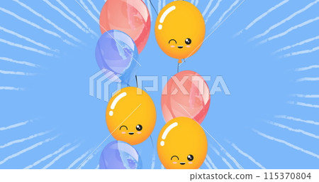 Image of blue and yellow balloons flying over blue background Image of blue and yellow balloons flying over blue background 115370804