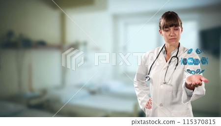 Globe of medical icons spinner over hand of caucasian female doctor against hospital in background 115370815
