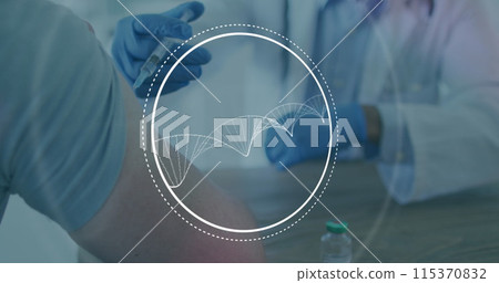 Dna structure and data processing against mid section of doctor injecting covid19 vaccine to patient 115370832
