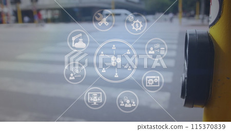 Network of digital icons against mid section of man pushing pedestrian crossing call button Network of digital icons against mid section of man pushing pedestrian crossing call button 115370839