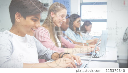 Image of mathematical formulas over students using computers Image of mathematical formulas over students using computers 115370840