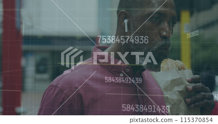 Multiple increasing numbers and data processing against african american senior man having a snack 115370854