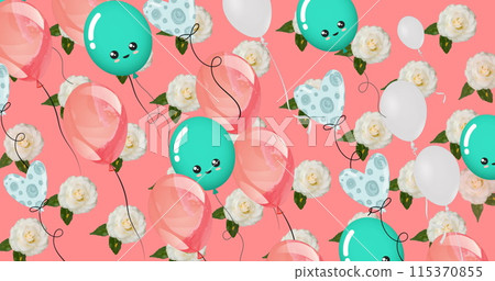 Image of colorful balloons flying and roses over pink background 115370855