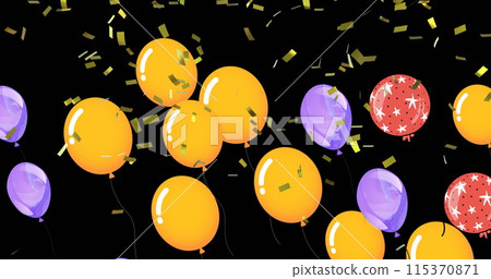 Image of colorful balloons flying and falling confetti over black background Image of colorful balloons flying and falling confetti over black background 115370871