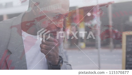 Image of covid 19 cells and world map over african american man drinking coffee 115370877