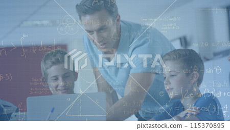 Image of mathematical equations with male teacher and school children using laptop in classroom Image of mathematical equations with male teacher and school children using laptop in classroom 115370895