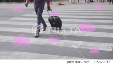 Image of pink digital clouds with numbers growing over man crossing street with suitcase in city Image of pink digital clouds with numbers growing over man crossing street with suitcase in city 115370916
