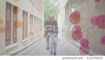 Image of networks with digital icons over african american man riding bike in city Image of networks with digital icons over african american man riding bike in city 115370920