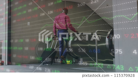 Image of financial data processing over african american man in face mask using escalator 115370928