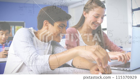 Image of mathematical equations over school children using laptop in classroom 115370929