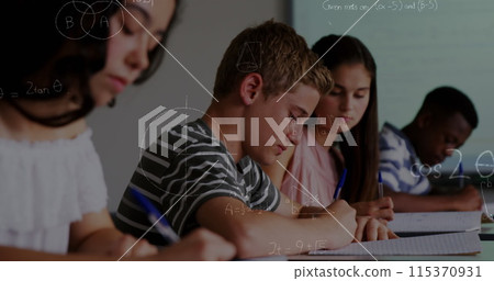 Image of mathematical equations over school children writing in classroom 115370931