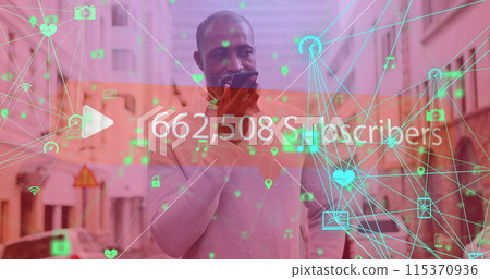 Image of networks with subscribers text and numbers with digital icons over man using smartphone Image of networks with subscribers text and numbers with digital icons over man using smartphone 115370936