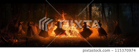 gathering of individuals joyfully dancing around a blazing fire in a forest. gathering of individuals joyfully dancing around a blazing fire in a forest. 115370974