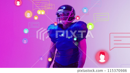 Image of icons and data processing over caucasian american football player 115370986
