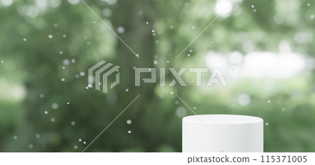 White pedestal and water drops on a background of trees and leaves. Image of rainy season, rain. Copy space. 3D (horizontal) 115371005