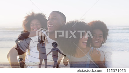 Composite of happy african american family piggybacking, and walking on beach 115371053