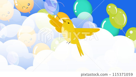 Image of colorful balloons flying and bird over cloudy sky 115371059
