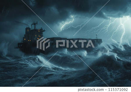 ship valiantly navigating treacherous stormy waters as it confronts powerful lightning strikes in a dramatic display of natures fury. 115371092