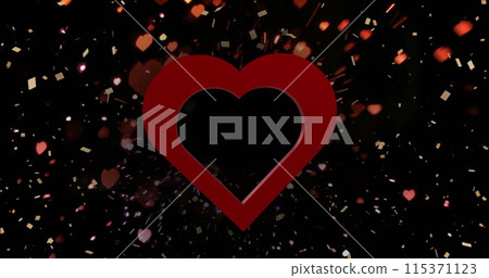 Image of red heart over light spots and confetti on black background Image of red heart over light spots and confetti on black background 115371123