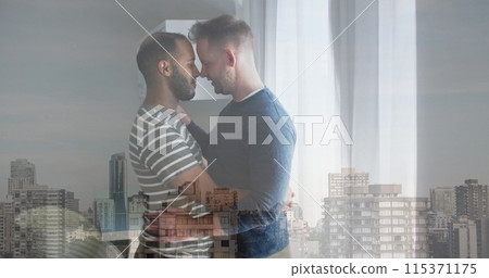 Image of cityscape over diverse male couple embracing 115371175