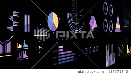 Image of statistics and financial data processing over black background Image of statistics and financial data processing over black background 115371240