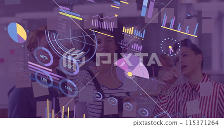 Image of financial data processing over diverse business people Image of financial data processing over diverse business people 115371264