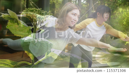 Composite of two happy asian women practicing yoga outdoors, and sunlight on plants Composite of two happy asian women practicing yoga outdoors, and sunlight on plants 115371306