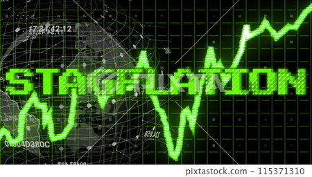 Image of stagflation text in green over green graph, globe and processing data 115371310