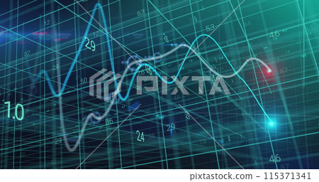 Image of glowing graphs and processing data over 3d grid on black background 115371341