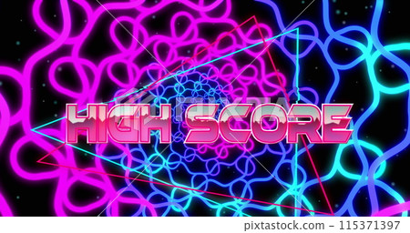 Image of high score text over moving shapes on black background 115371397