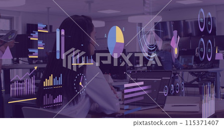 Image of financial data processing over biracial businesswoman in office 115371407