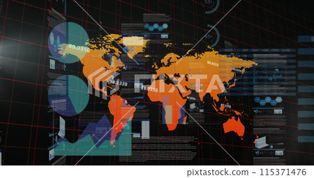 Image of graphs, data and world map on black digital screen Image of graphs, data and world map on black digital screen 115371476