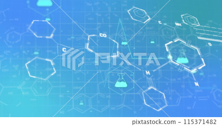 Image of chemistry icons and data processing on blue background 115371482