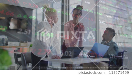 Image of data processing over diverse business people in office 115371499