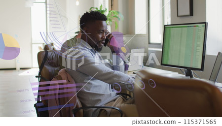 Image of data processing over african american businessman in office 115371565