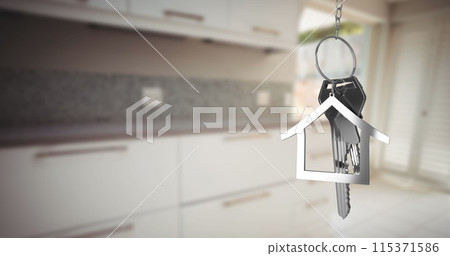 Image of silver house keys and house shaped key fob hanging over an out focus kitchen 4k 115371586