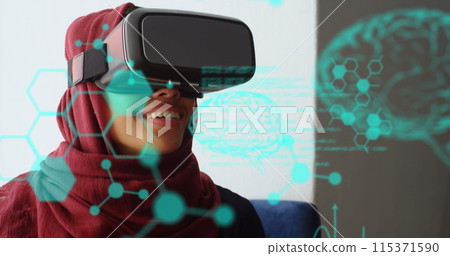 Image of scientific data in green floating in the foreground with a close up of a young Asian woman 115371590