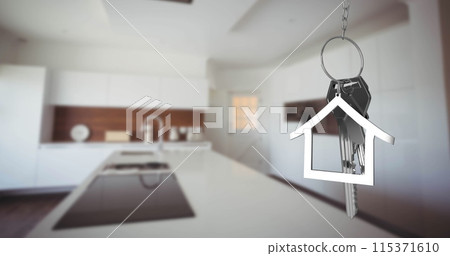 Image of silver house keys and house shaped key fob hanging over an out of focus kitchen 4k 115371610