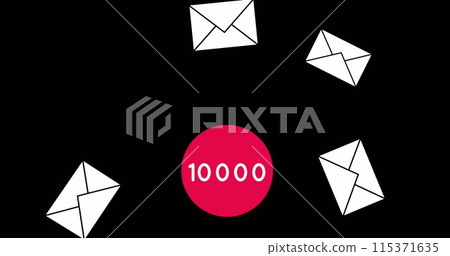 Image of envelope icons falling while numbers are going up to ten thousand on a pink dot on a black Image of envelope icons falling while numbers are going up to ten thousand on a pink dot on a black 115371635