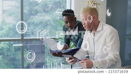 Image of data processing over diverse business people in office Image of data processing over diverse business people in office 115371639